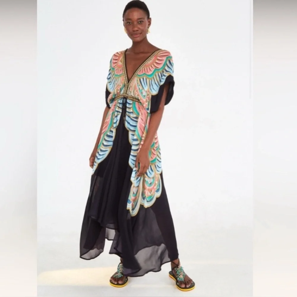 Farm Rio Boho Maxi Dress XS Colorful Print Deep V Empire Waist Flowy Festival - Picture 7 of 8